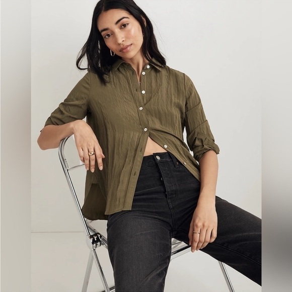 Madewell Crinkled Button Up Shirt Olive Green Medium - Picture 3 of 9